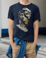 Broken David Graffiti Street Art Statue Graphic T Shirt - model wearing navy tee with hands in pockets