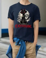 Cattitude Black Cat Red Eyes Gothic Funny Graphic T Shirt - model wearing navy tee with hands in pockets