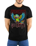 Heard Enough Goodbye Angry Parrot Funny Graphic T Shirt - model wearing black tee with hands behind back