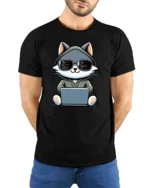 Funny Coding Cat With Laptop Programmer Graphic T Shirt - model wearing black tee with hands behind back
