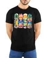 Beach Please Summer Vacation Sunset Graphic T Shirt - model wearing black tee with hands behind back