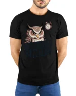 Funny Absolutely Not Owl Graphic T Shirt With Grumpy Owl - model wearing black tee with hands behind back
