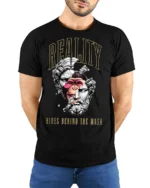 Reality Hides Behind The Mask Surreal Statue Graphic T Shirt - model wearing black tee with hands behind back