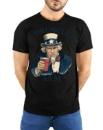 Funny Druncle Sam Patriotic Party Humor Graphic T Shirt - model wearing black tee with hands behind back