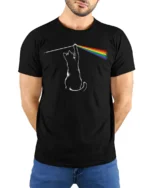 Funny Rainbow Laser Cat Graphic T Shirt Colorful Prism Cat Tee - model wearing black tee with hands behind back