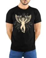 Vintage Angel Weightlifting Gym Strength Graphic T Shirt - model wearing black tee with hands behind back