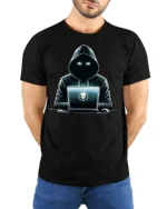 Dark Hacker Hoodie Laptop Cyber Security Graphic T Shirt - model wearing black tee with hands behind back