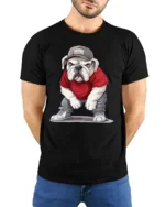 Funny Street Style Bulldog Wearing Cap Cool Dog Graphic T Shirt - model wearing black tee with hands behind back