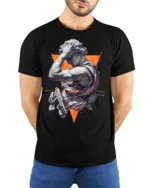 Modern Renaissance Warrior Statue Graphic T Shirt Bold Art Tee - model wearing black tee with hands behind back