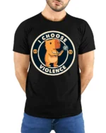 Funny I Choose Violence Cute Angry Capybara Graphic T Shirt - model wearing black tee with hands behind back