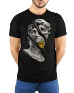 Broken David Graffiti Street Art Statue Graphic T Shirt - model wearing black tee with hands behind back