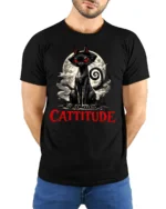 Cattitude Black Cat Red Eyes Gothic Funny Graphic T Shirt - model wearing black tee with hands behind back