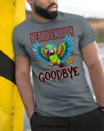 Heard Enough Goodbye Angry Parrot Funny Graphic T Shirt - model wearing grey tee, leaning on column