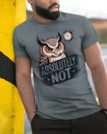 Funny Absolutely Not Owl Graphic T Shirt With Grumpy Owl - model wearing grey tee, leaning on column