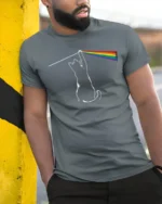 Funny Rainbow Laser Cat Graphic T Shirt Colorful Prism Cat Tee - model wearing grey tee, leaning on column