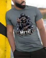 Heavy Metal Skeleton Rocker Graphic T Shirt Loud Guitar Tee - model wearing grey tee, leaning on column