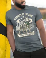 Strength To The Bone Irish Bloodline Dog Graphic T Shirt - model wearing grey tee, leaning on column