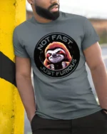Not Fast Just Furious Funny Sloth Attitude Graphic T Shirt - model wearing grey tee, leaning on column