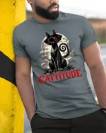 Cattitude Black Cat Red Eyes Gothic Funny Graphic T Shirt - model wearing grey tee, leaning on column