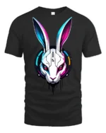 Futuristic Cyber Bunny Robot Graphic T Shirt Neon Tech Style - black t-shirt on white background