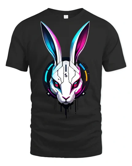 Futuristic Cyber Bunny Robot Graphic T Shirt Neon Tech Style - black t-shirt on white background