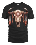 Boho Tribal Bull Skull Feather Graphic T Shirt Western Style - black t-shirt on white background