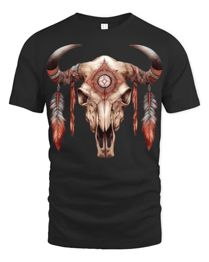Boho Tribal Bull Skull Feather Graphic T Shirt Western Style - black t-shirt on white background