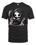 Cute Grim Reaper Reading Books Funny Dark Humor T Shirt - black t-shirt on white background
