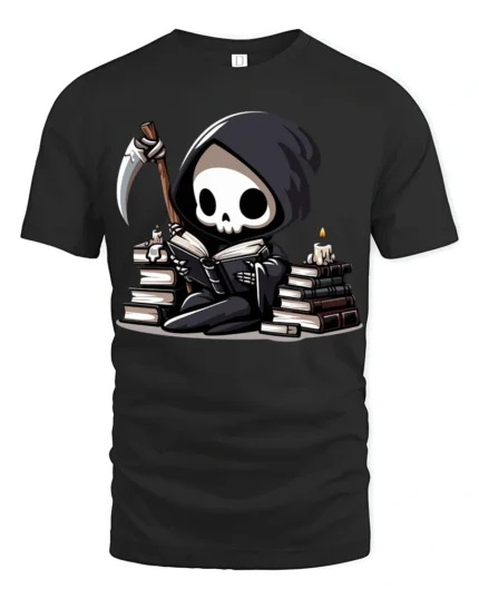 Cute Grim Reaper Reading Books Funny Dark Humor T Shirt - black t-shirt on white background