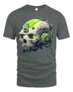 Futuristic Cyberpunk Skull T Shirt With Neon Tech Helmet - gray t-shirt on white background