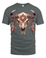 Boho Tribal Bull Skull Feather Graphic T Shirt Western Style - gray t-shirt on white background