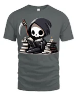 Cute Grim Reaper Reading Books Funny Dark Humor T Shirt - gray t-shirt on white background