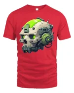 Futuristic Cyberpunk Skull T Shirt With Neon Tech Helmet - red t-shirt on white background