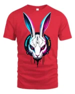 Futuristic Cyber Bunny Robot Graphic T Shirt Neon Tech Style - red t-shirt on white background