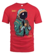 Charging Astronaut Graphic T Shirt Futuristic Space Humor Tee - red t-shirt on white background