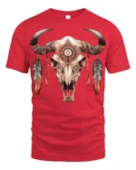 Boho Tribal Bull Skull Feather Graphic T Shirt Western Style - red t-shirt on white background
