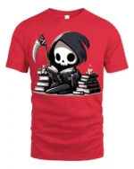 Cute Grim Reaper Reading Books Funny Dark Humor T Shirt - red t-shirt on white background