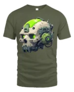 Futuristic Cyberpunk Skull T Shirt With Neon Tech Helmet - military green t-shirt on white background