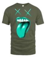 Funny Dead Face Tongue Out Graphic T Shirt Cool Street Style - military green t-shirt on white background
