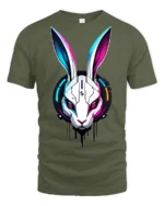 Futuristic Cyber Bunny Robot Graphic T Shirt Neon Tech Style - military green t-shirt on white background