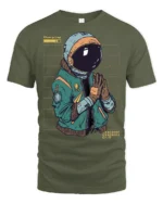 Charging Astronaut Graphic T Shirt Futuristic Space Humor Tee - military green t-shirt on white background