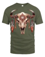 Boho Tribal Bull Skull Feather Graphic T Shirt Western Style - military green t-shirt on white background