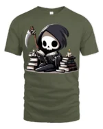 Cute Grim Reaper Reading Books Funny Dark Humor T Shirt - military green t-shirt on white background