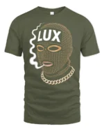 Luxury Ski Mask Graphic T Shirt With Gold Chain Street Style - military green t-shirt on white background