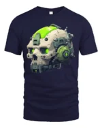 Futuristic Cyberpunk Skull T Shirt With Neon Tech Helmet - navy t-shirt on white background