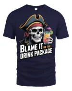 Funny Pirate Skull Blame It On The Drink Package T Shirt - navy t-shirt on white background