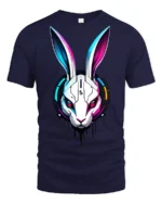 Futuristic Cyber Bunny Robot Graphic T Shirt Neon Tech Style - navy t-shirt on white background