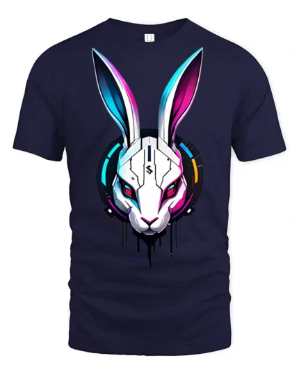 Futuristic Cyber Bunny Robot Graphic T Shirt Neon Tech Style - navy t-shirt on white background