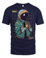 Charging Astronaut Graphic T Shirt Futuristic Space Humor Tee - navy t-shirt on white background