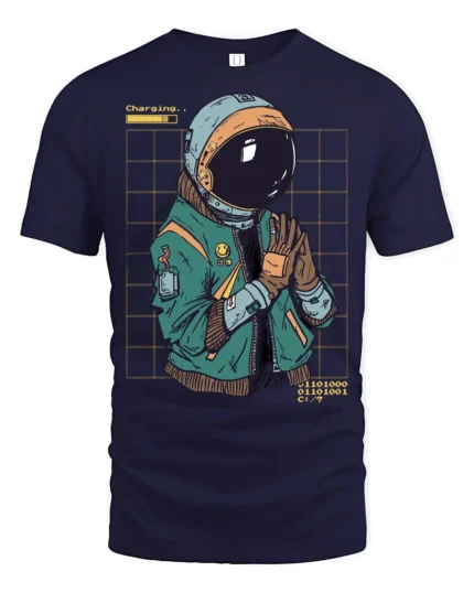 Charging Astronaut Graphic T Shirt Futuristic Space Humor Tee - navy t-shirt on white background